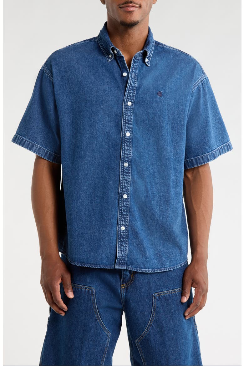 Lucas Short Sleeve Cotton Denim Button-Down Shirt, Main, color, STONE