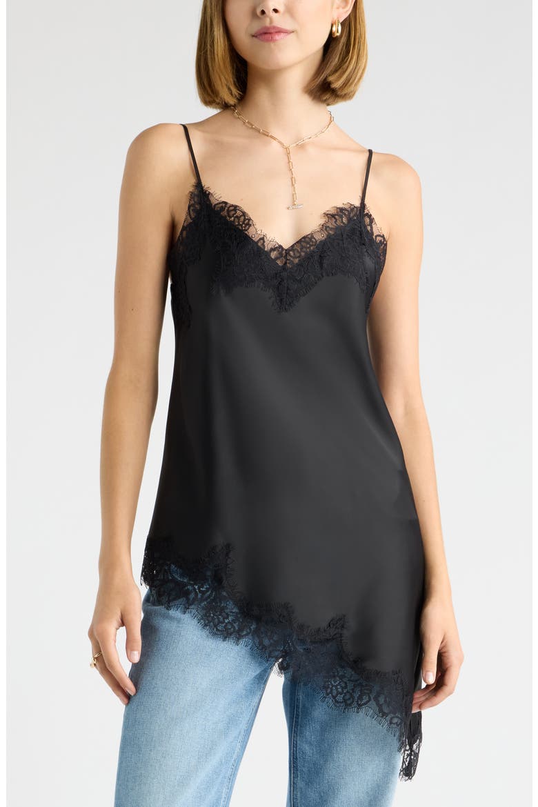 Asymmetrical Lace Satin Tank, Main, color, BLACK