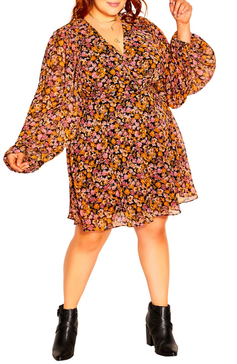 City Chic Floral Wrap Front Long Sleeve Dress, Main, color,