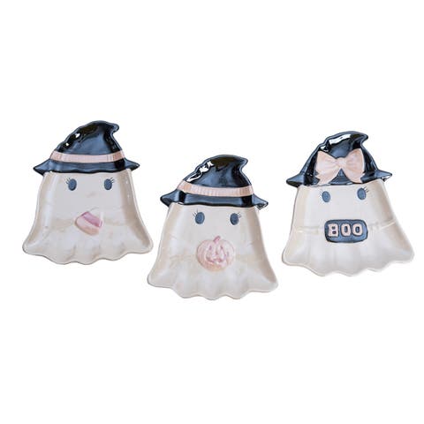 Dolomite Pearlized Bow Ghosts Appetizer Plate Set of 3 Halloween
