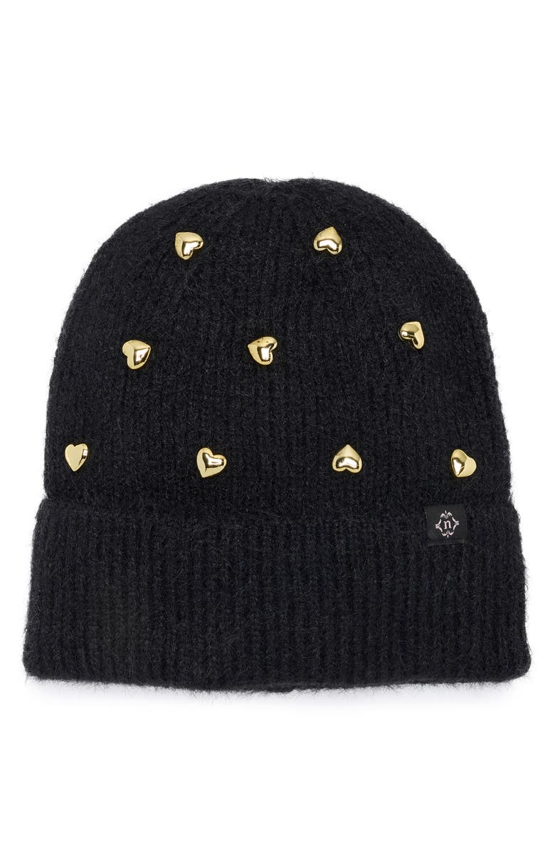 Nanette Lepore Heart Studs Knit Cuffed Beanie, Main, color, Black