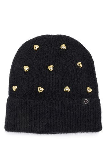 Nanette Lepore Heart Studs Knit Cuffed Beanie In Black