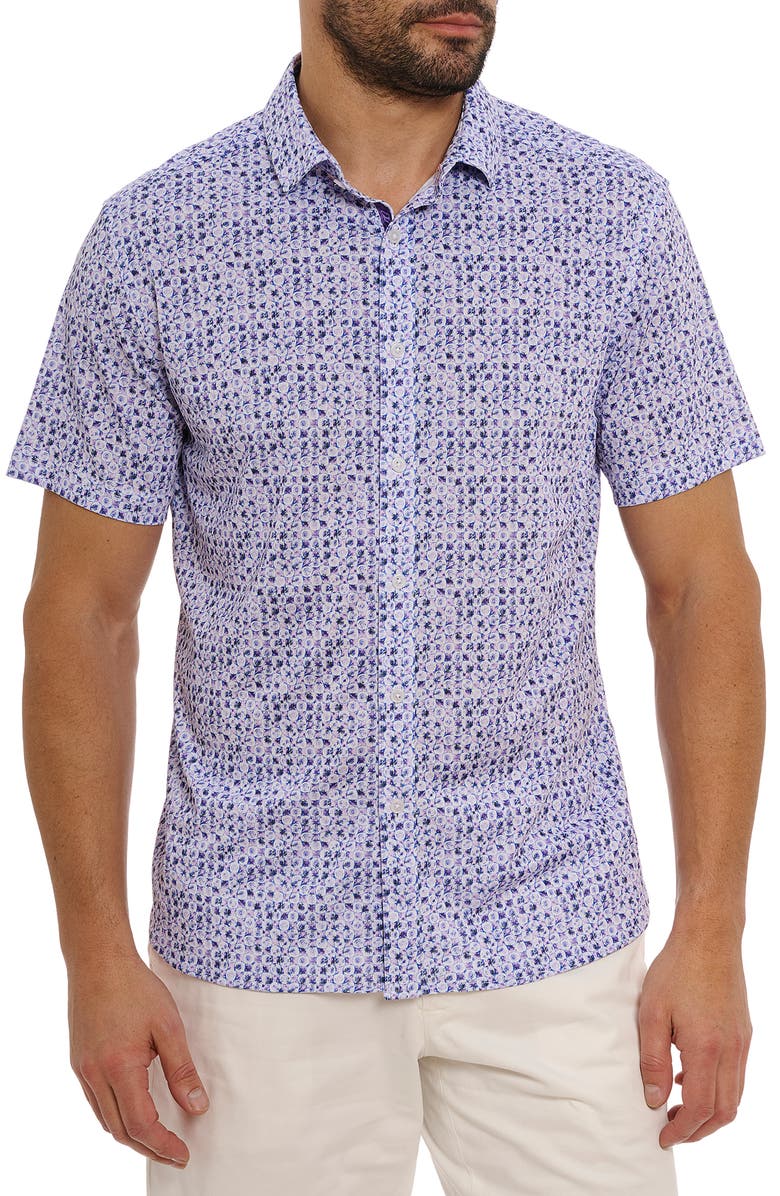 Robert Graham Zambia Floral Geo Short Sleeve Button-Up Shirt, Main, color, Purple