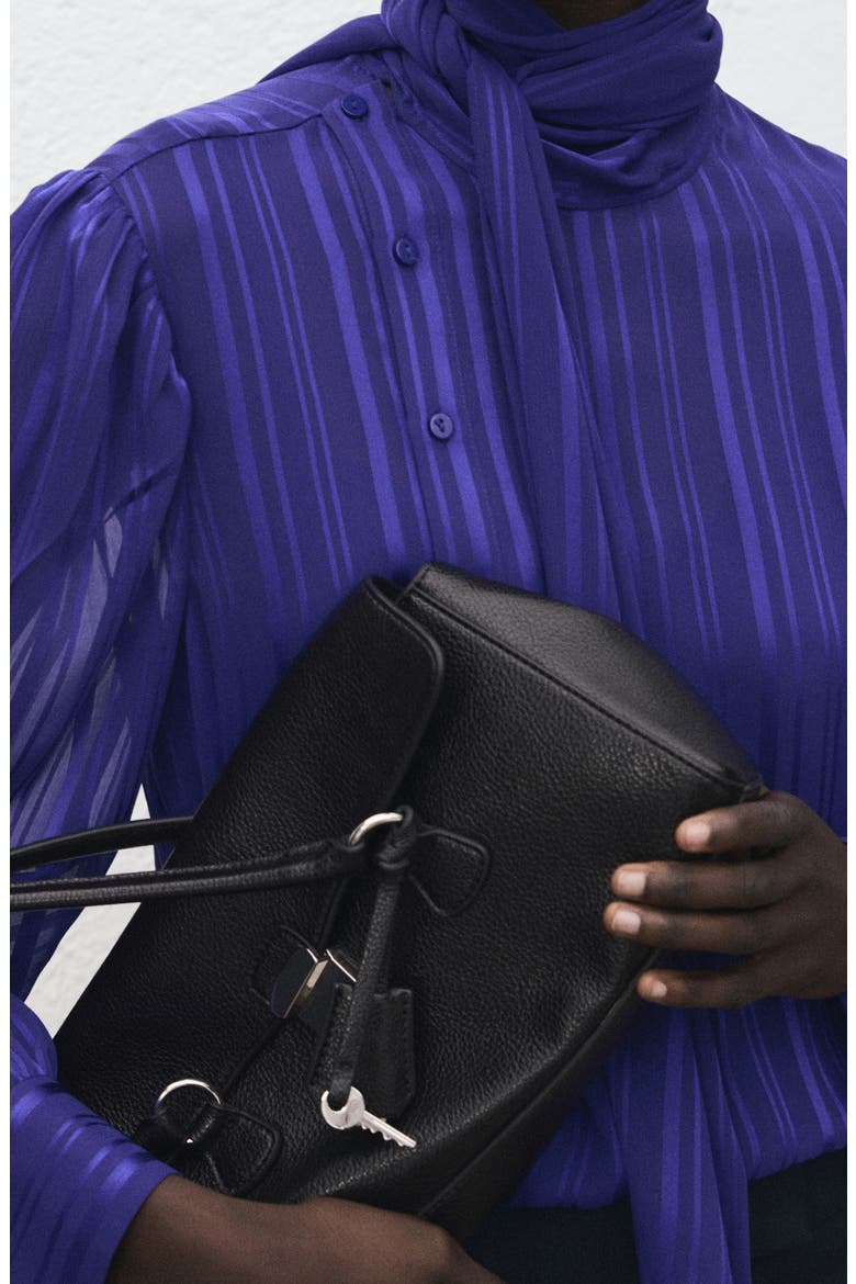 Striped Satin Tie Neck Button Front Top, Alternate, color, BLUE