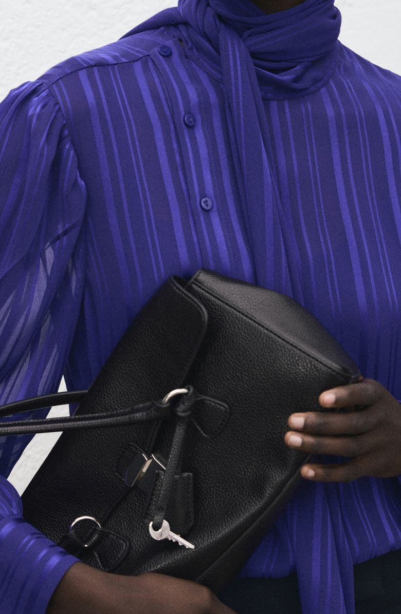 MANGO Striped Satin Tie Neck Button Front Top, Alternate, color, Blue