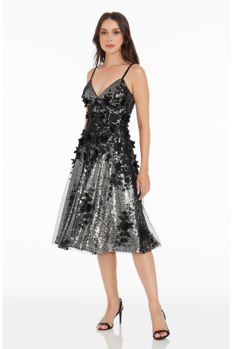 Tahani Sequin Floral Appliqué Cocktail Dress, Alternate, color, SILVER-BLACK