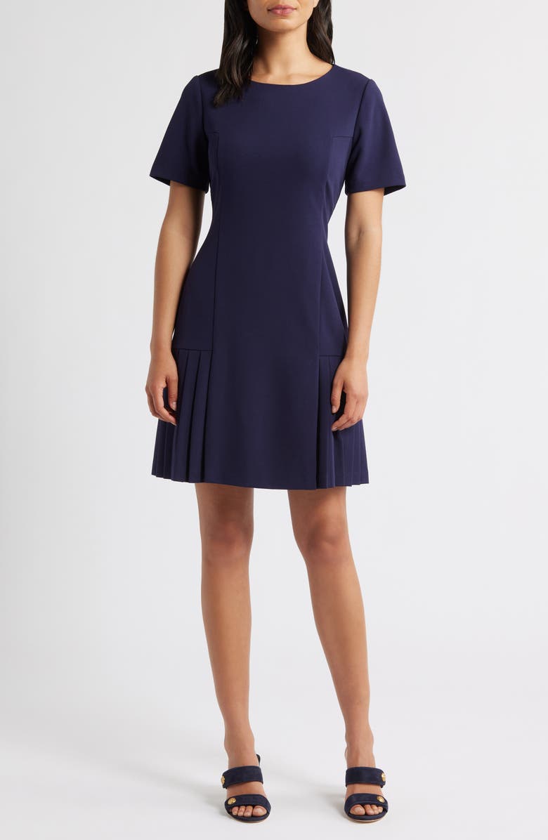 Tahari ASL Kick Pleat Short Sleeve Stretch Crepe Dress, Main, color, Midnight Navy