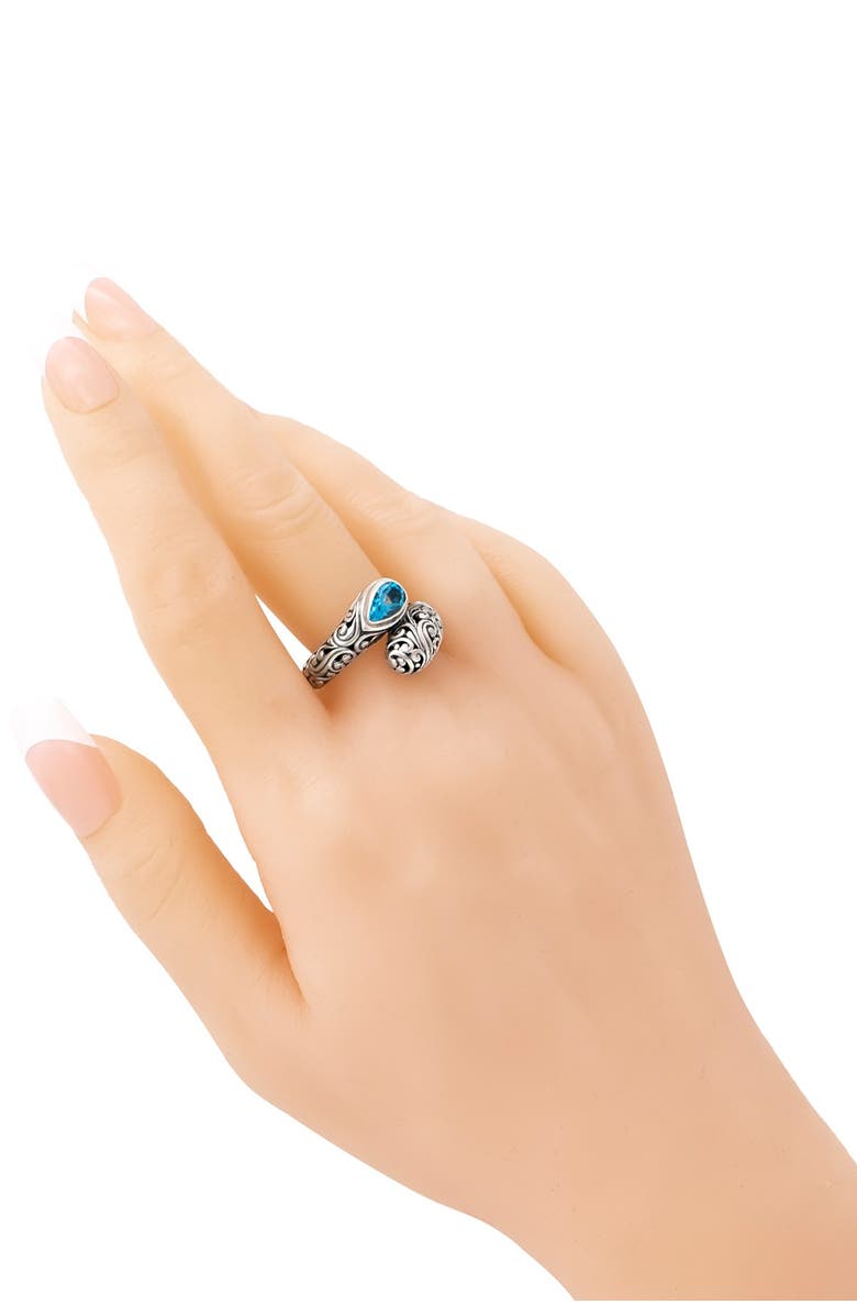 DEVATA Bali Filigree Sterling Silver ByPass Ring Embellished by 18K Gold Accents and Sky Blue Topaz, Alternate, color, 