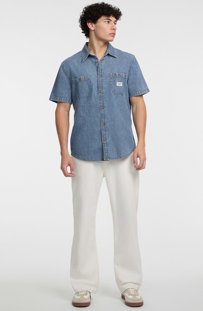 GUESS JEANS Short Sleeve Cotton Denim Button-Up Shirt, Alternate, color, Medium Wash