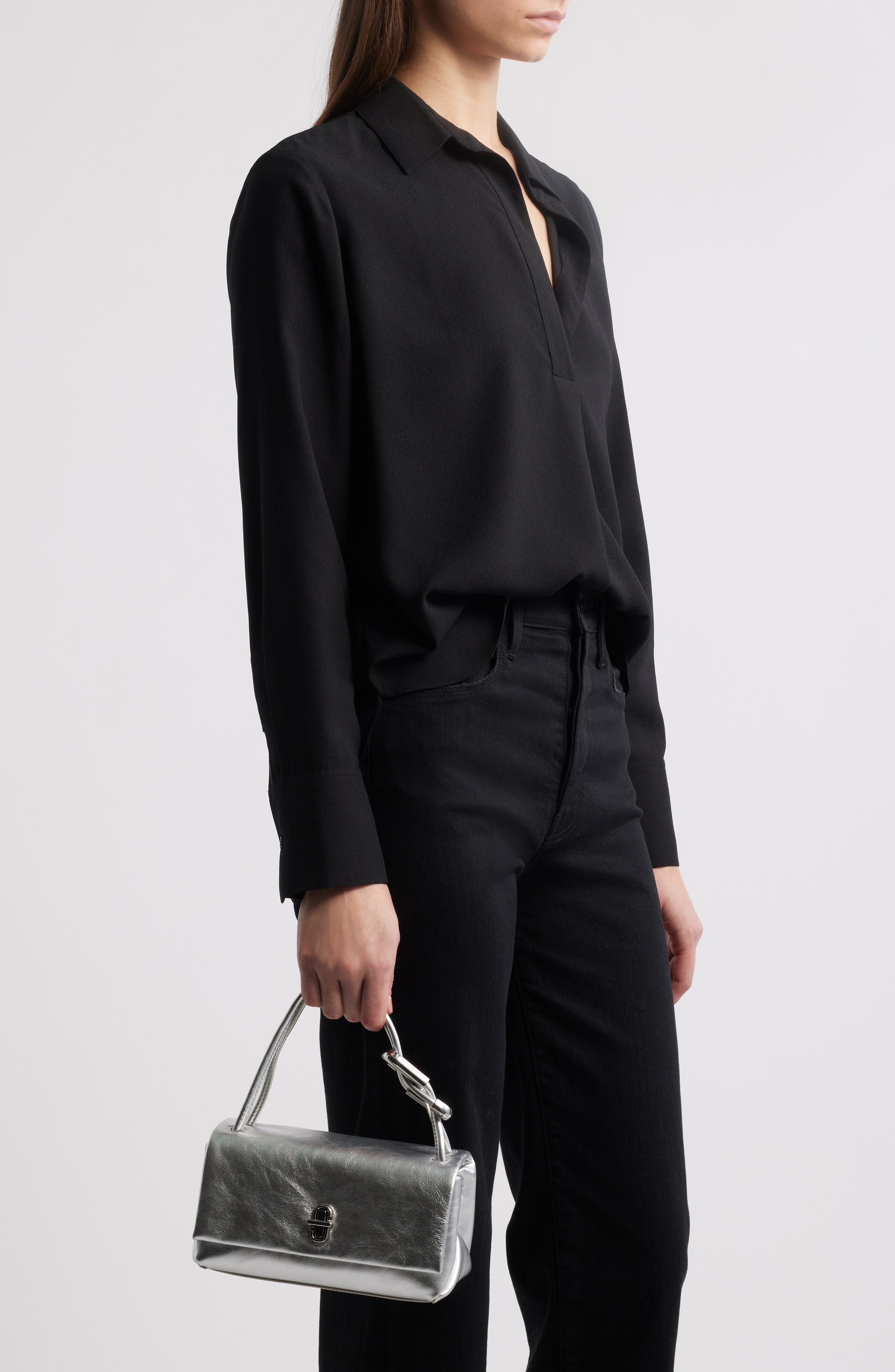 Marc Jacobs The Mini Dual Metallic Leather Handbag, Alternate, color, Silver