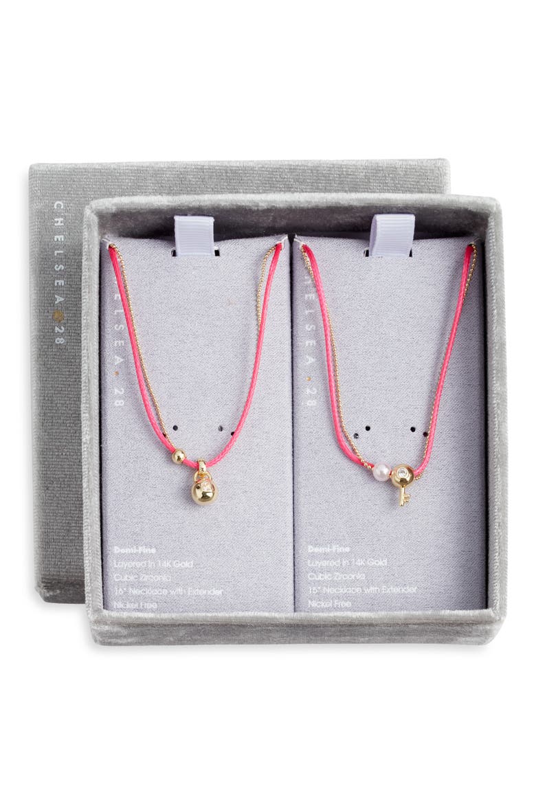 Gift Boxed Set of 2 Demi Fine Mommy & Me Lock Key Pendant Necklaces, Main, color, PINK MULTI- GOLD