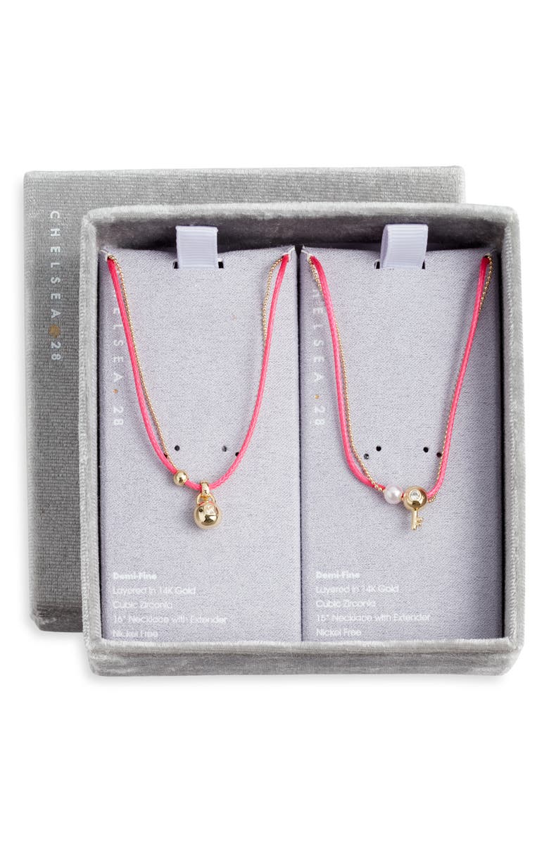 Chelsea28 Set of 2 Demi Fine Mommy & Me Lock Key Pendant Necklaces, Main, color, Pink Multi- Gold