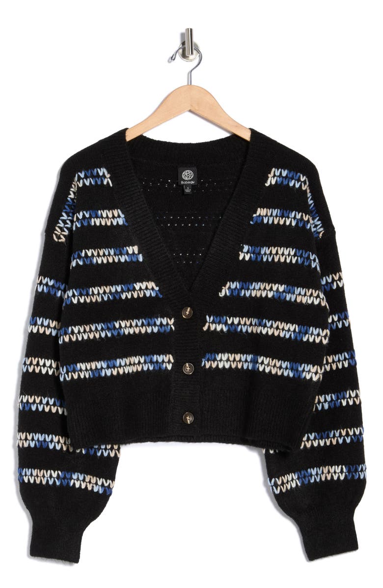 Bobeau Whipstitch V-Neck Button-Up Cardigan, Alternate, color, Black/ Blue