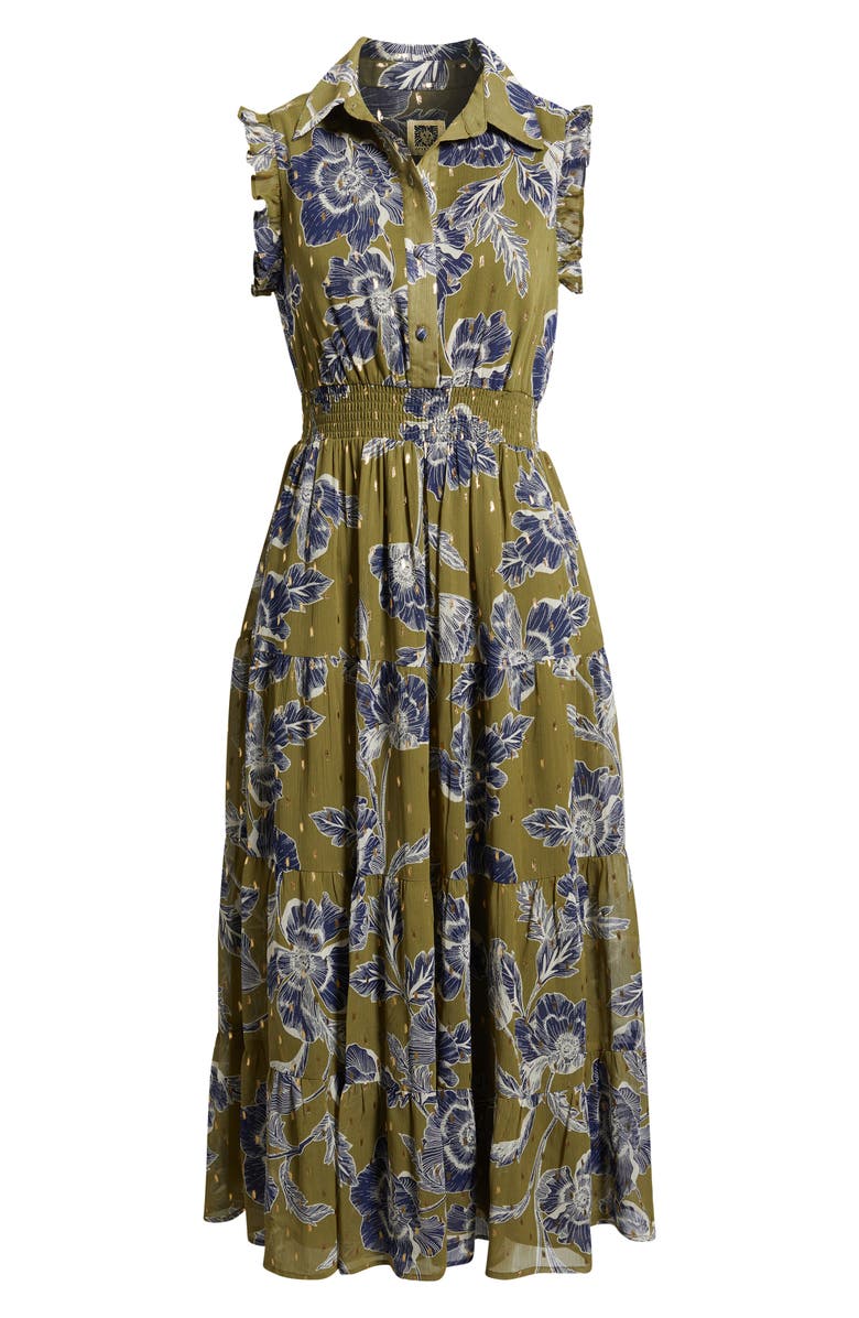 Anne Klein Sleeveless Metallic Floral Print Shirtdress, Alternate, color, Hunter Olive Multi