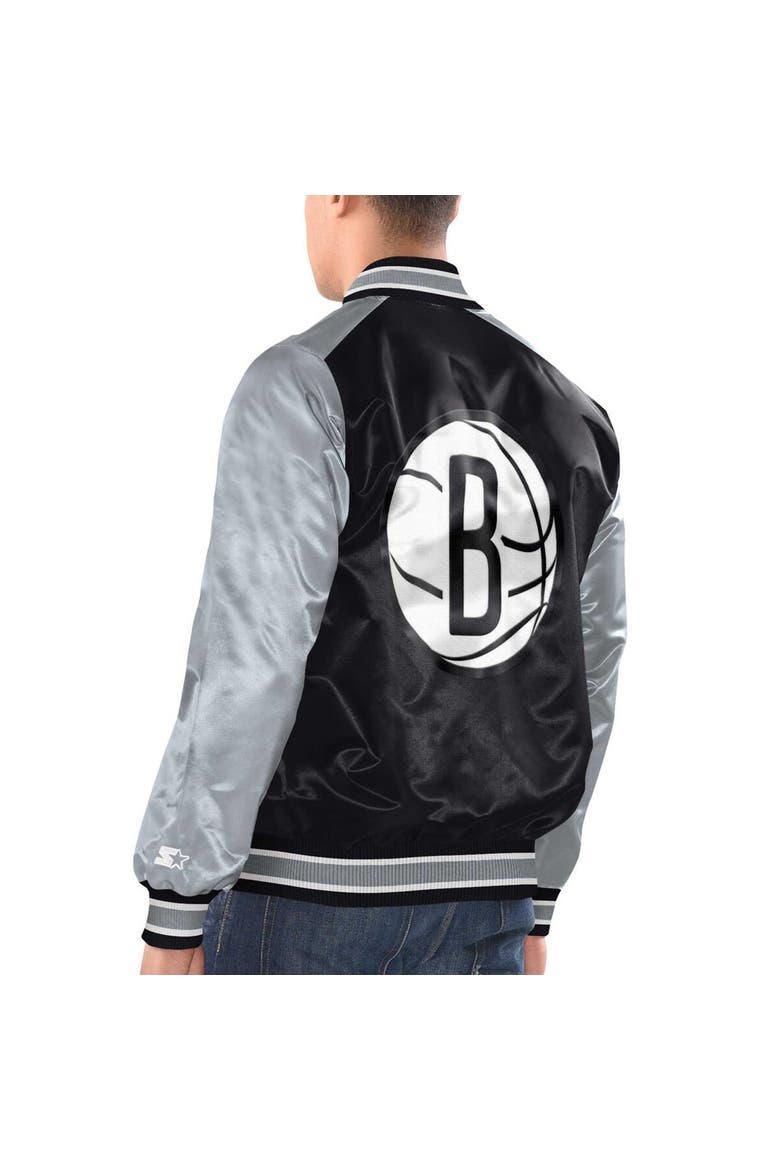 Men's Starter Black/Silver Brooklyn Nets Renegade Satin Full-Snap Varsity Jacket, Alternate, color, Black