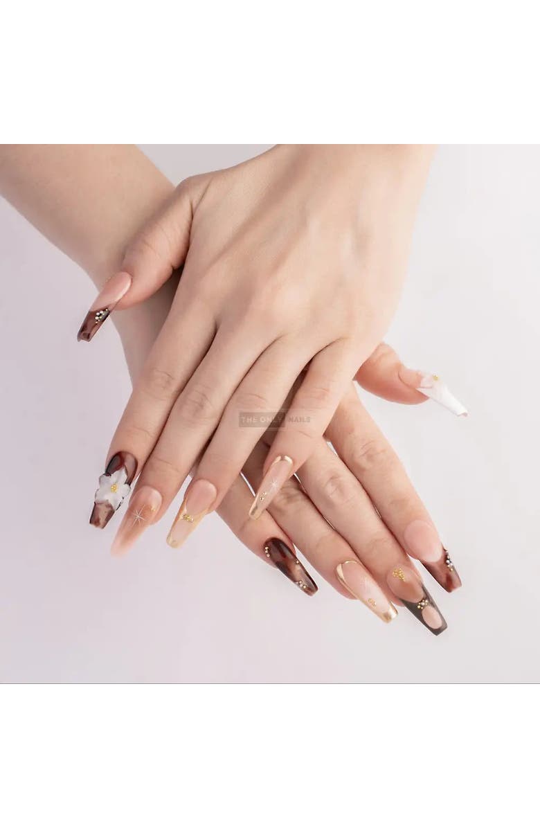 The Only Nails Brown Blossom - Coffin - Nail Set, Alternate, color, Brown, Nude, Gold