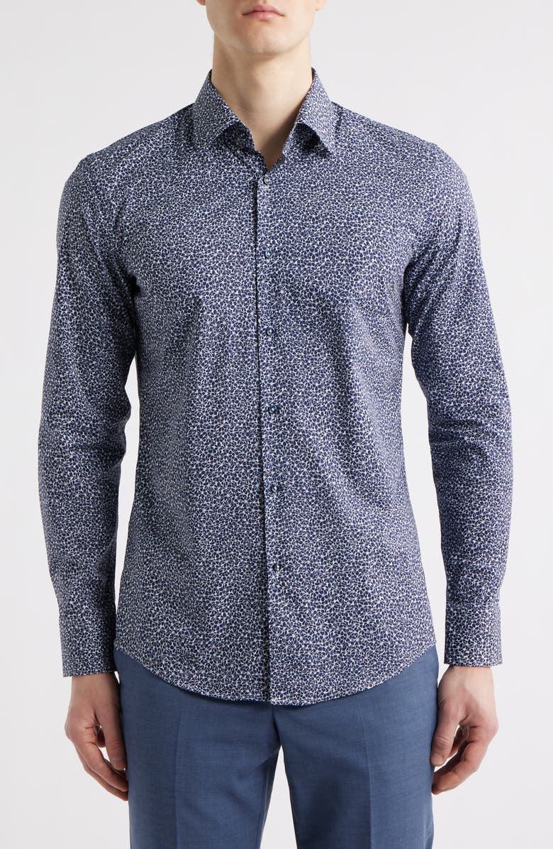 BOSS Hank Kent Slim Fit Floral Stretch Cotton Dress Shirt, Main, color, Navy
