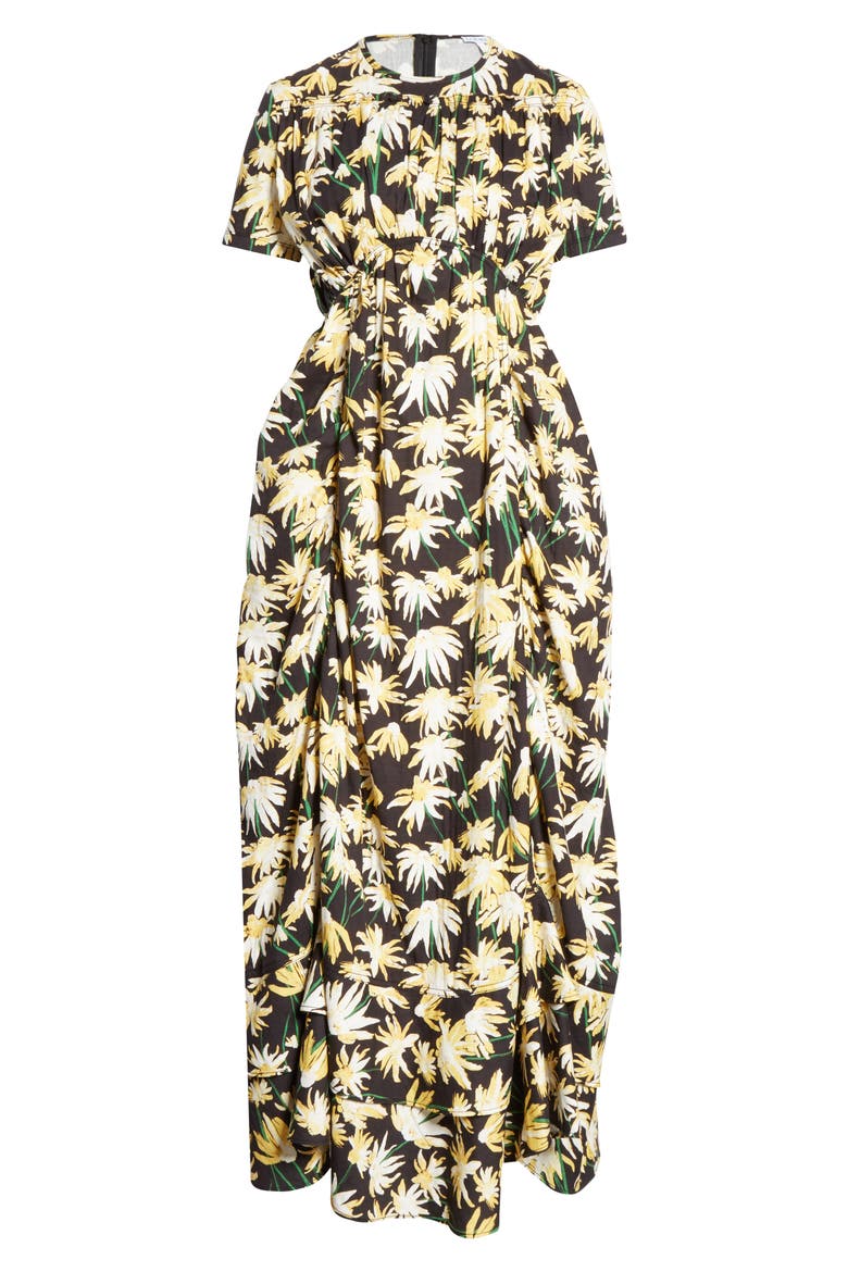 Daisy Print Gathered Cotton Midi Dress, Alternate, color, BLACK/ YELLOW