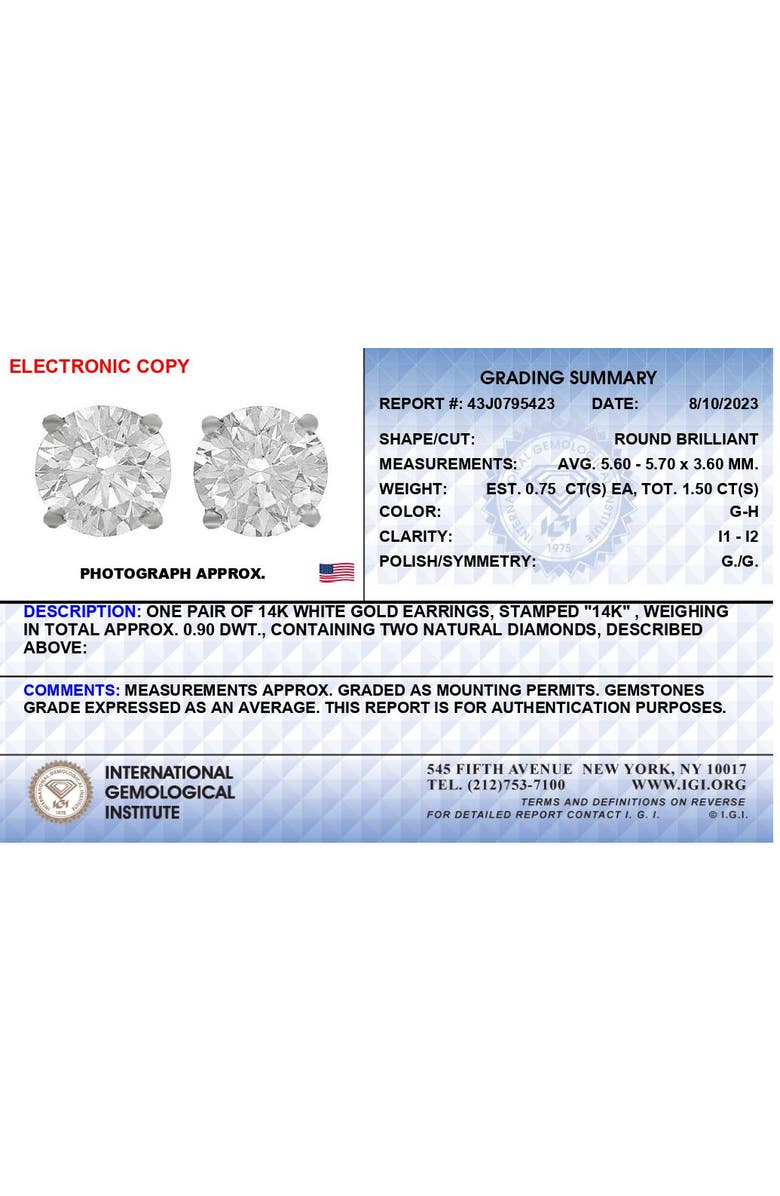 Haus of Brilliance IGI Certified 14K Gold 1 1/2 Cttw Diamond Solitaire Stud Earring, Alternate, color, White