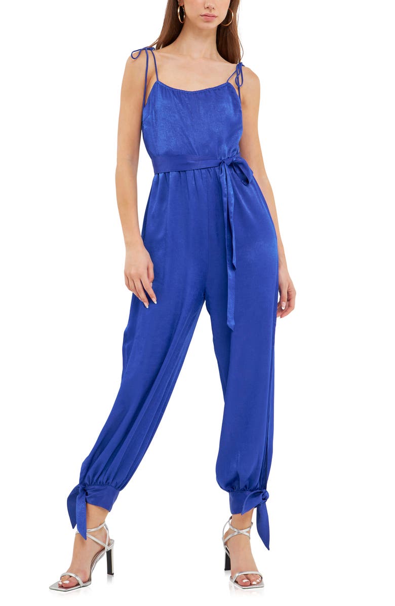 Endless Rose Tie Detail Slit Leg Satin Jumpsuit, Alternate, color, Navy