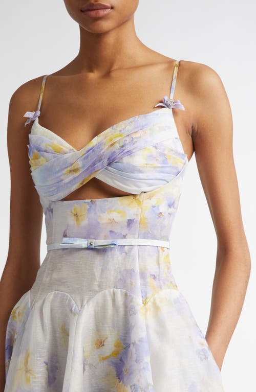 Shop Zimmermann Floral Twist Front Cutout Organza Midi Dress In Lilac Floral
