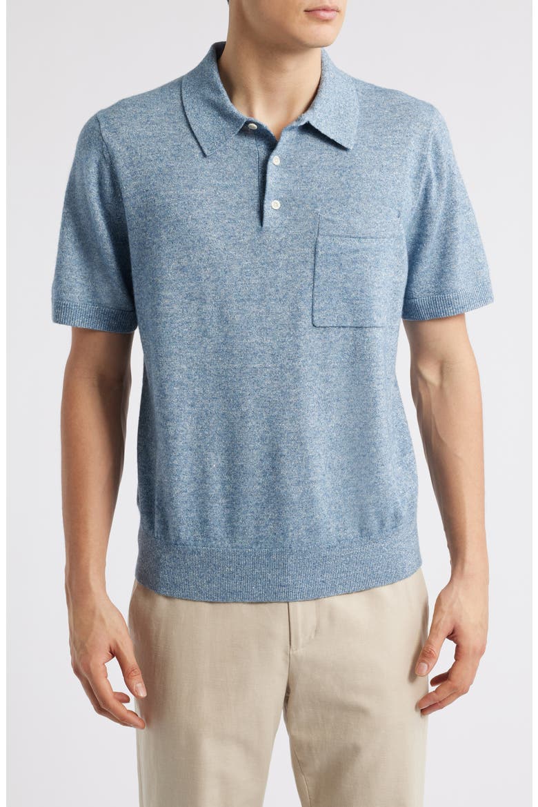 Short Sleeve Linen & Wool Blend Pocket Polo Sweater, Main, color, CABO BLUE