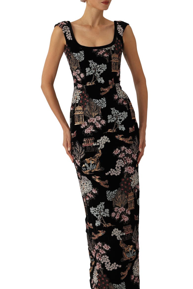 Brooke Embroidered Silk Velvet Gown, Alternate, color, BLACK MULTI