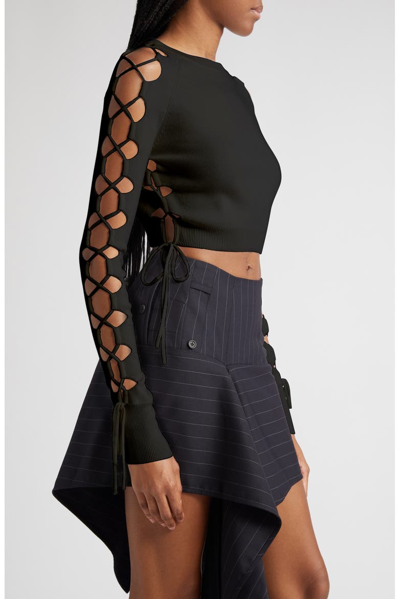 Lace Sleeve Detail Merino Wool Blend Crop Sweater, Alternate, color, BLACK