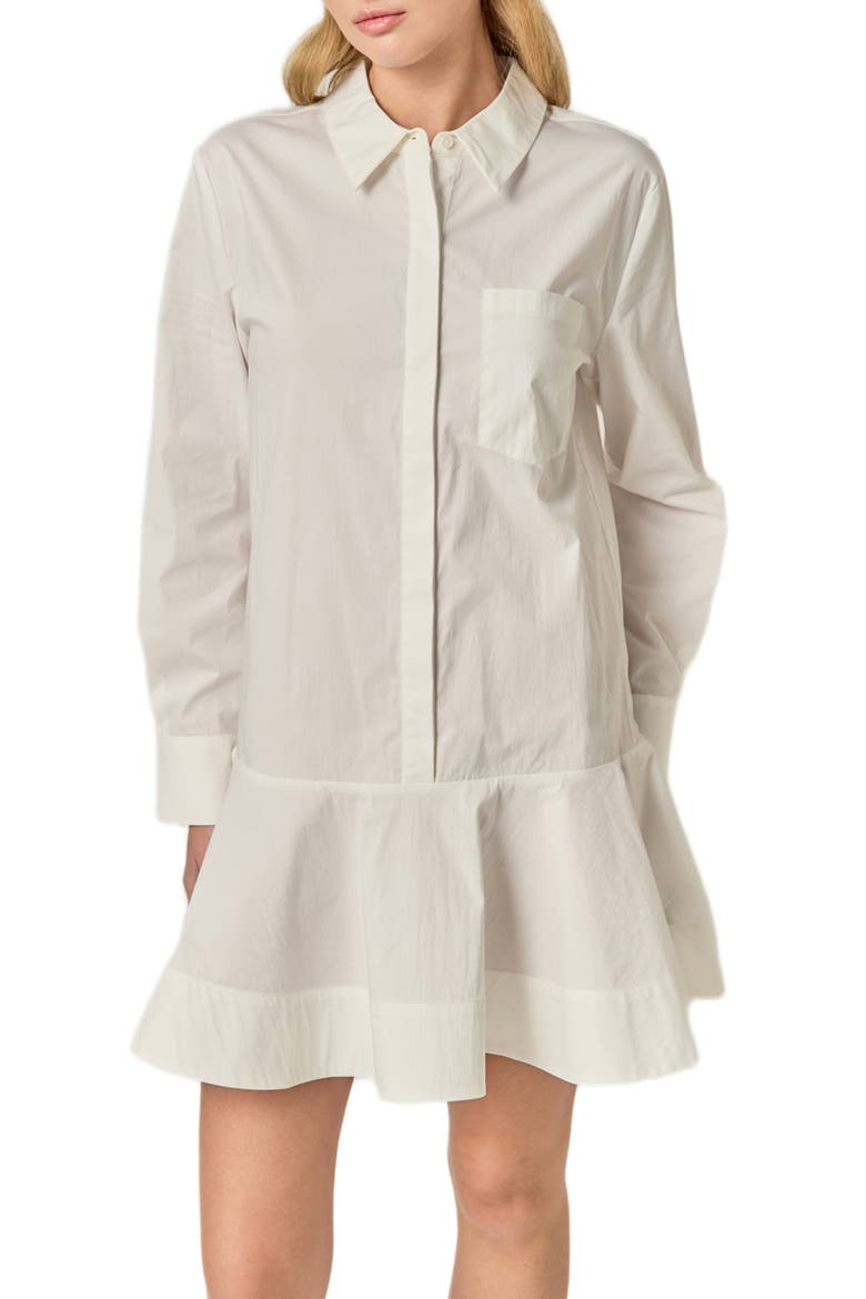 Ruffle Hem Long Sleeve Mini Shirtdress, Alternate, color, WHITE