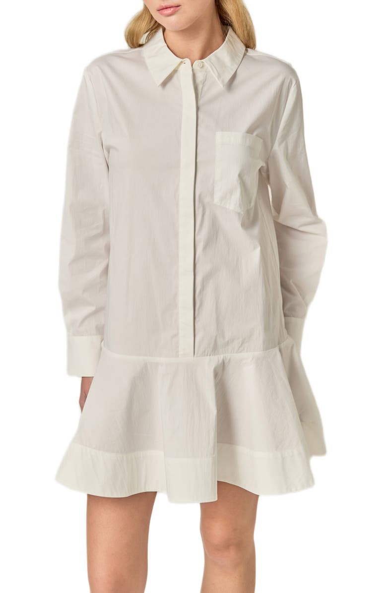 English Factory Ruffle Hem Long Sleeve Mini Shirtdress, Alternate, color, White