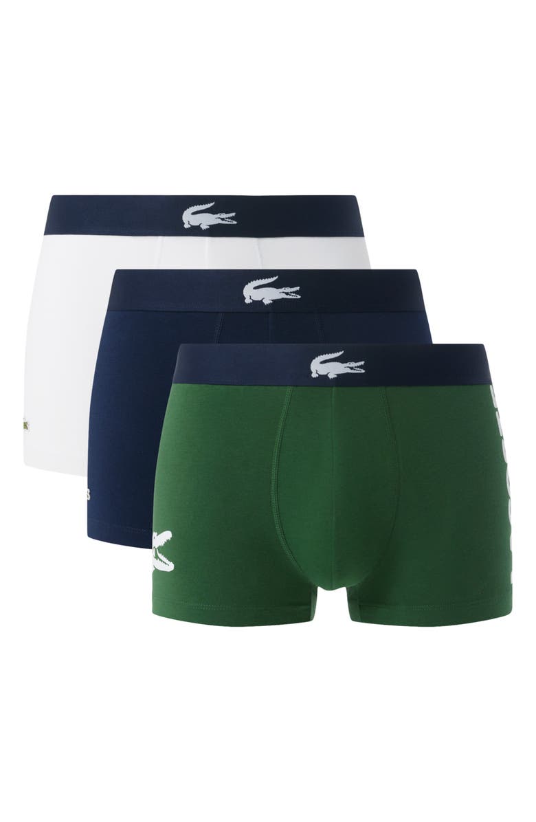Lacoste 3-Pack Stretch Cotton Trunks, Main, color, Thyme/ Navy Blue/ White