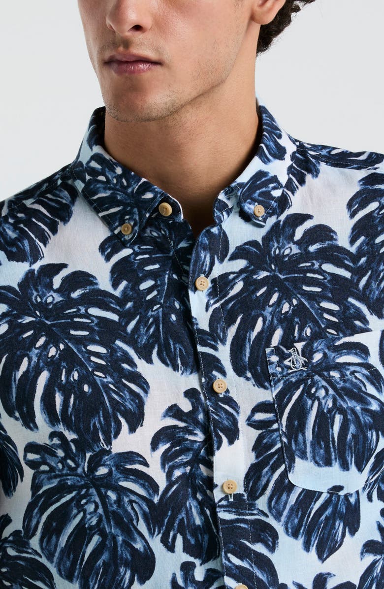 Original Penguin Monstera Linen Short Sleeve Button-Down Shirt, Alternate, color, Crystal Blue