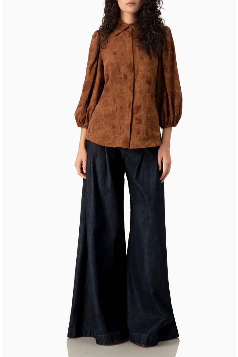 Floral Jacquard 3/4 Puff-Sleeve Button-Down Collared Shirt, Alternate, color, Chocolate