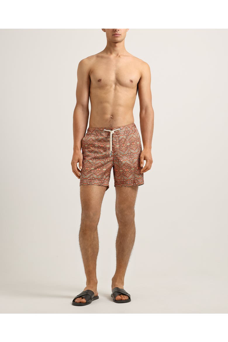Bulldog Drawcord  Mid Length Paisley Carnival Swim Shorts, Alternate, color, Vermillion