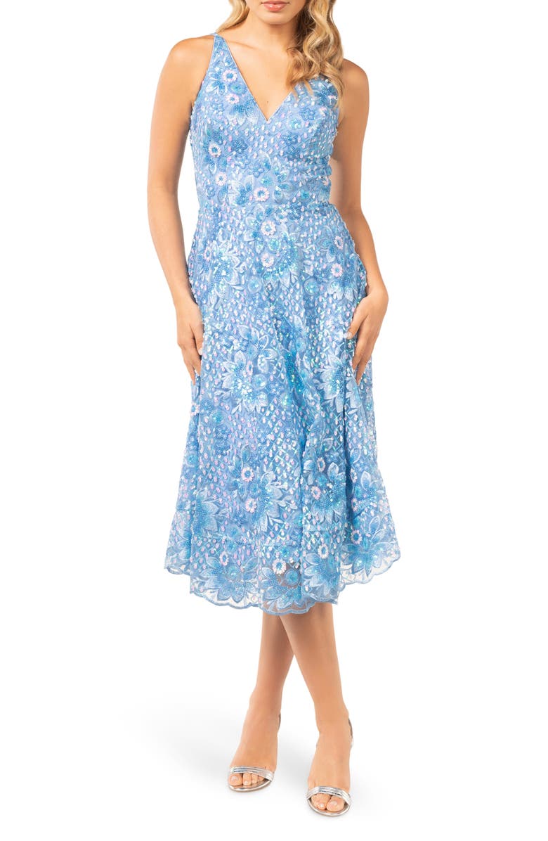 Dress the Population Elisa Sequin Embroidered Cocktail Midi Dress, Alternate, color, Sky Multi