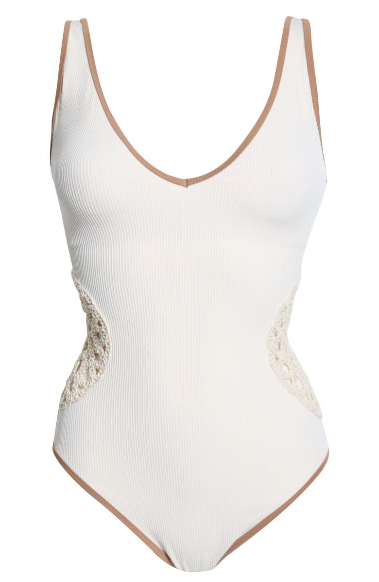 Sanctuary Plunge Crochet Inset High Leg One-Piece Swimsuit, Alternate, color, White Sand