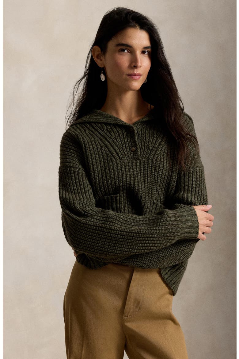 Chunky Half Placket Wool & Cotton Blend Sweater, Alternate, color, OLIVE HEATHER