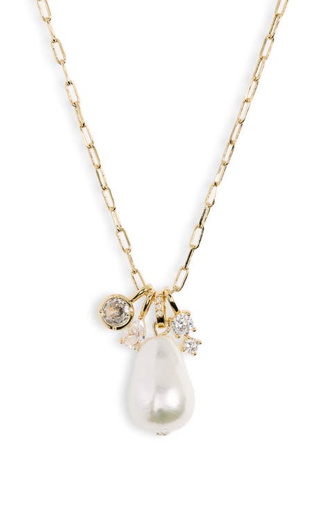 CZ & Faux Pearl Dangle Charm Necklace