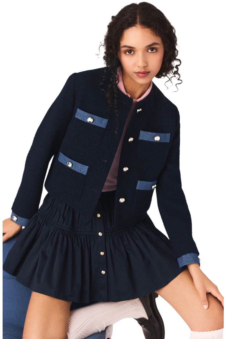 Tweed jacket with denim trim, Alternate, color, Navy