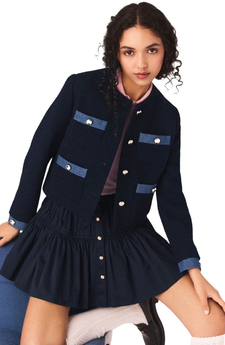 maje Tweed jacket with denim trim, Alternate, color, Navy