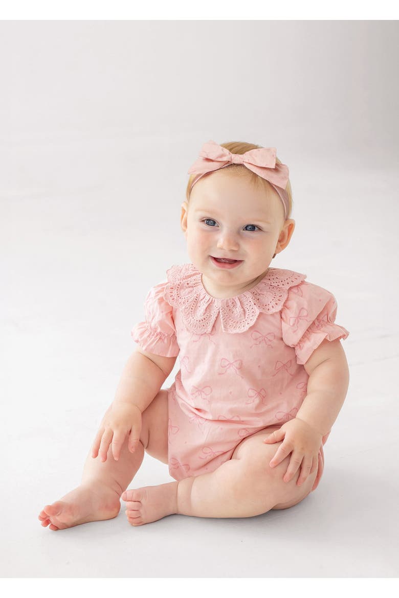 Lacy Bowkisses Short Sleeve Romper, Alternate, color, Pink
