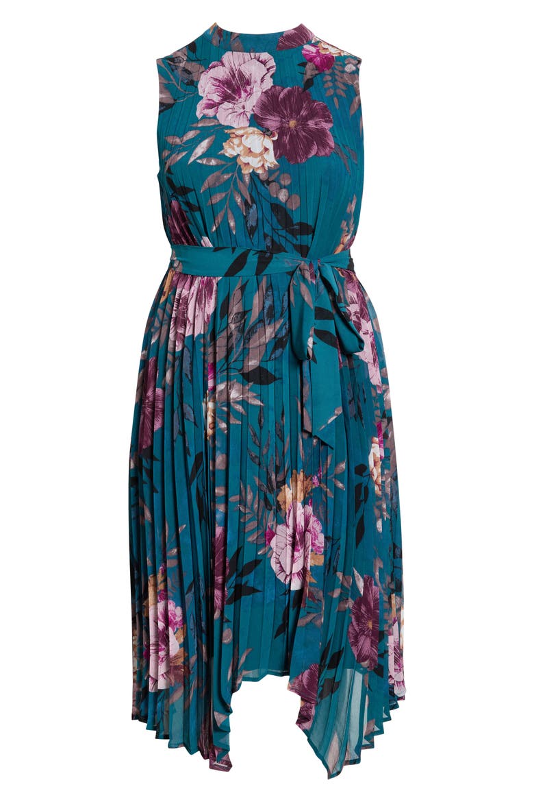 Floral Print Pleated Sleeveless Asymmetric Midi Dress, Alternate, color, OCEAN TEAL