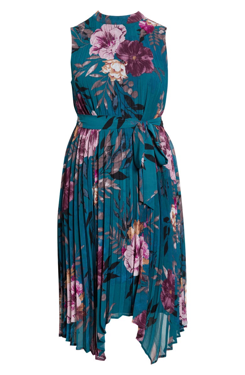 Tahari ASL Floral Print Pleated Sleeveless Asymmetric Midi Dress, Alternate, color, Ocean Teal