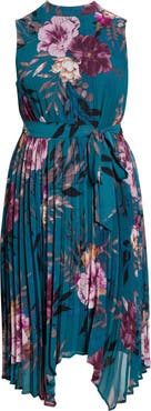 Tahari ASL Floral Print Pleated Sleeveless Asymmetric Midi Dress