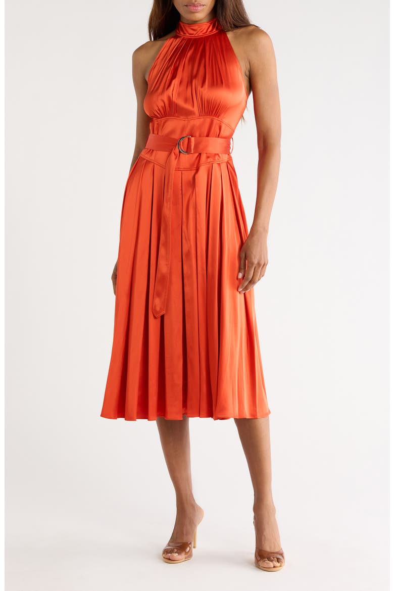 Nicola Sleeveless Belted Midi Dress, Main, color, BURNT OCHRE