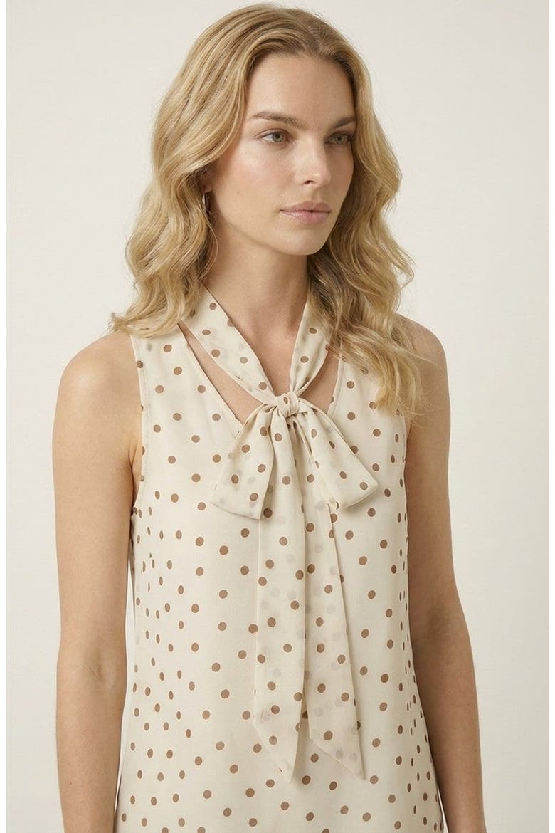 Sleeveless Tie Neck Polka Dot Blouse, Alternate, color, Beige