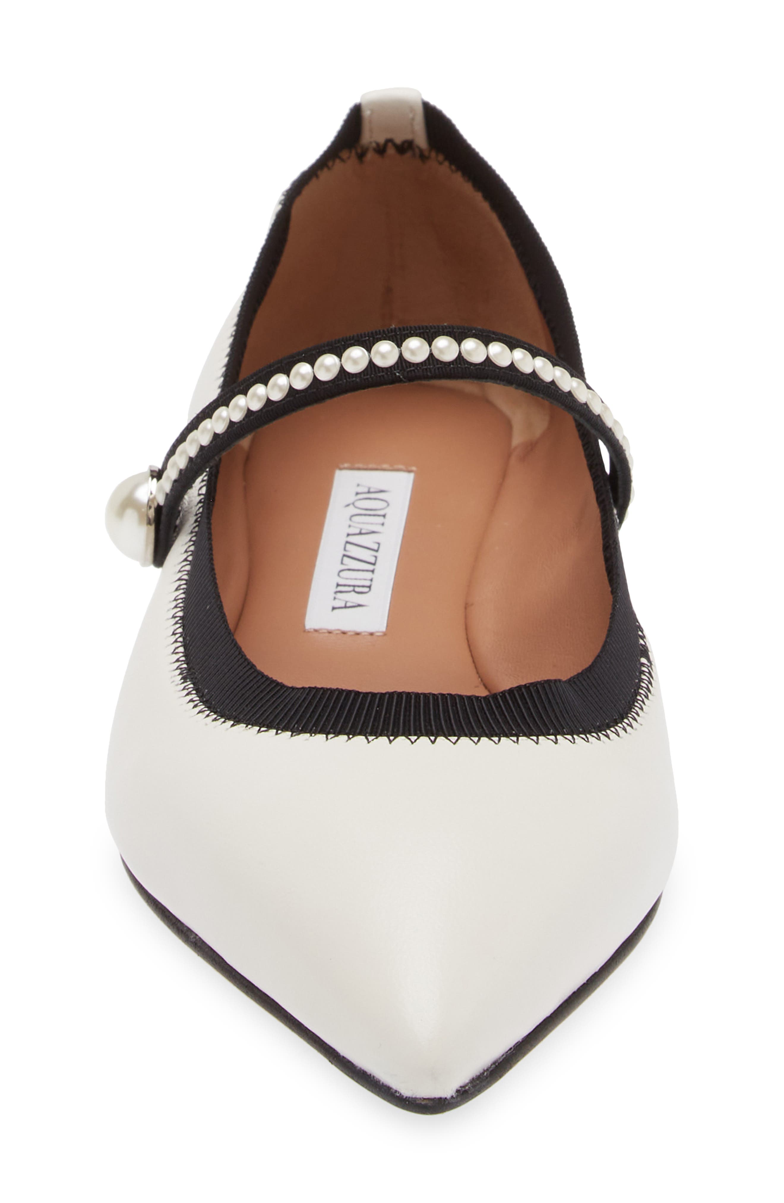 Romy Pearly Strap Pointed Toe Mary Jane Flat, Alternate, color, WHITE