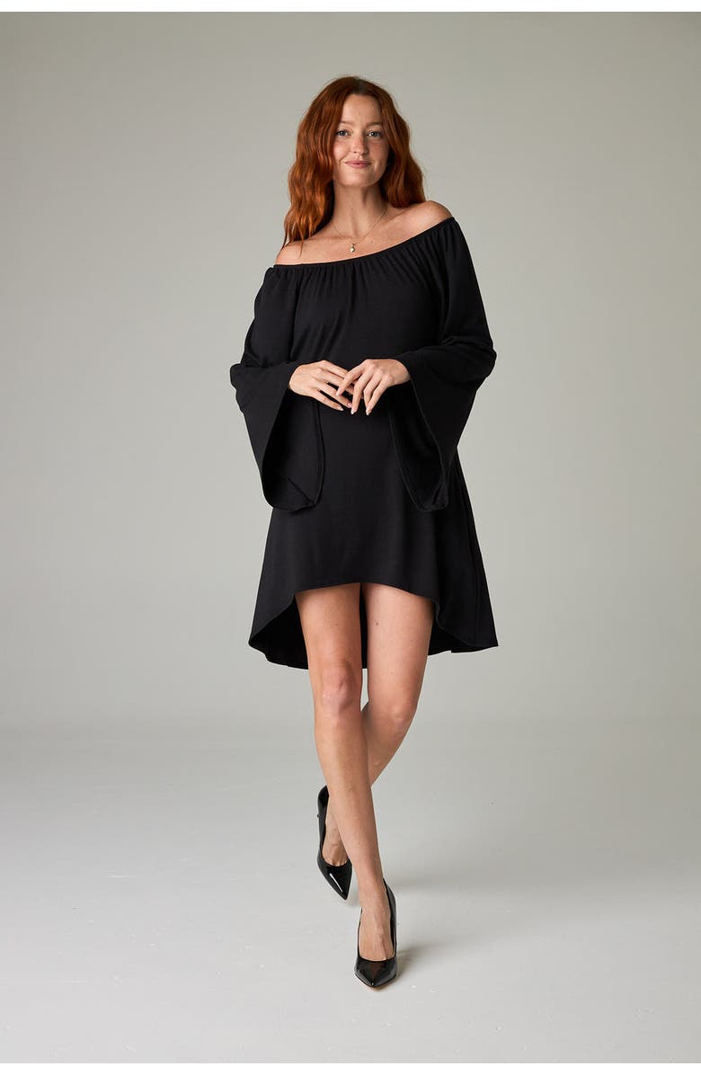 eavolu Peyto Eco-Luxe Rib Off-Shoulder Flutter Tunic/Dress - Ultra-Luxe Flow, Alternate, color, Coal Black