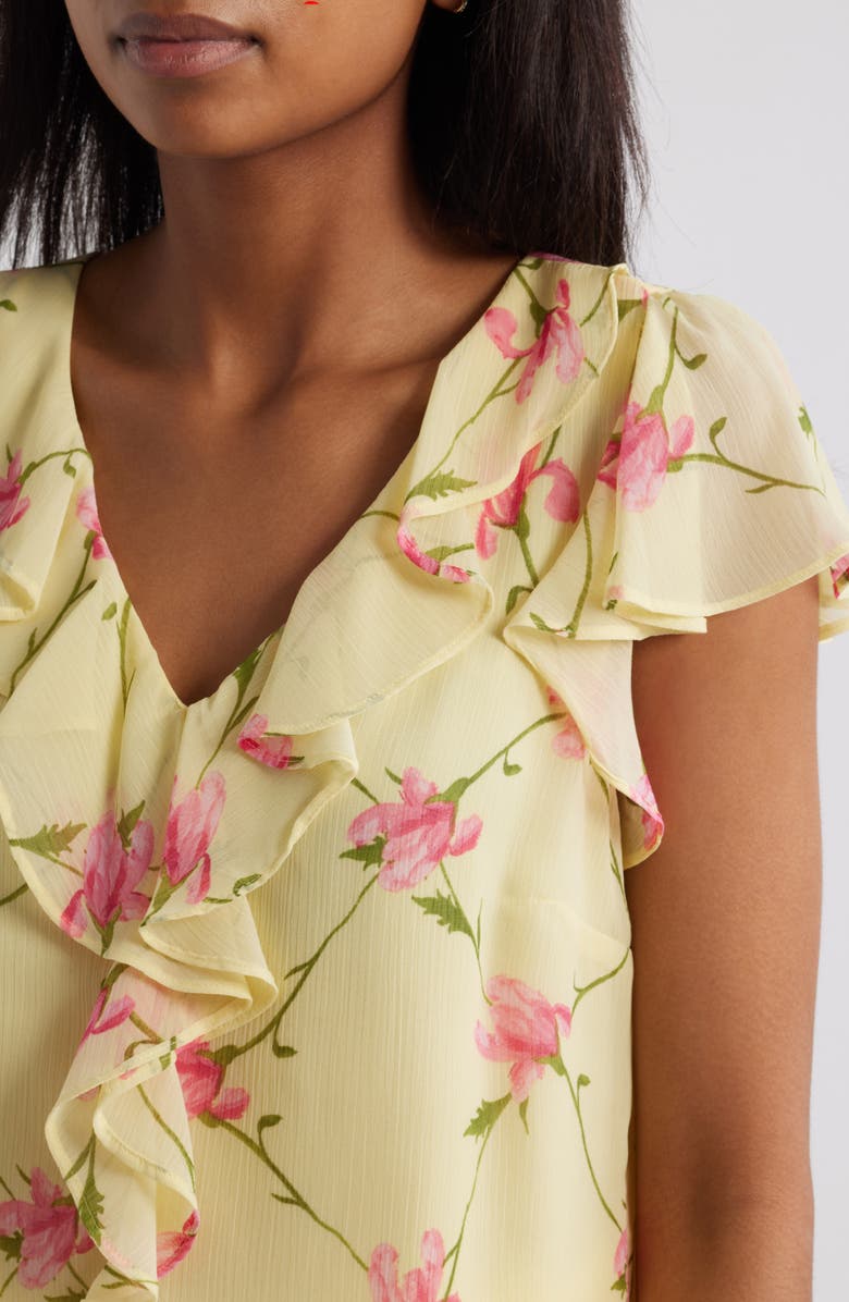 CeCe Floral Ruffle Trim Top, Alternate, color, Lemon Drop
