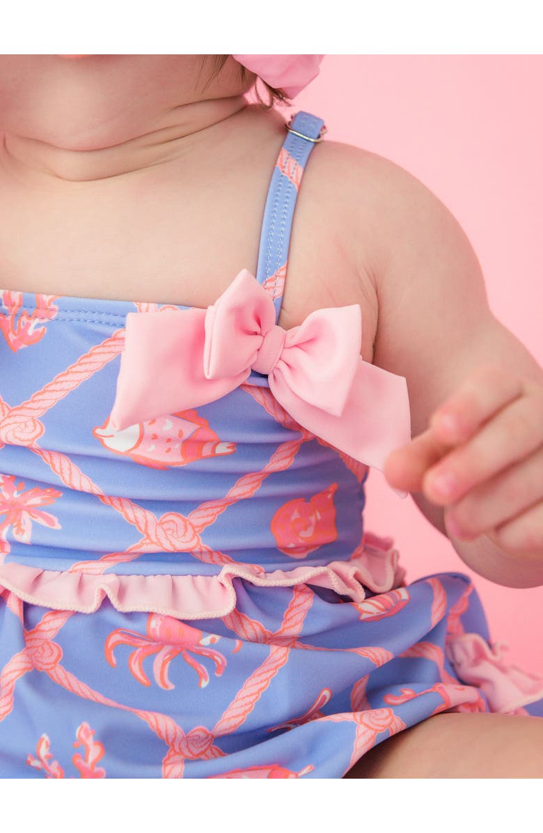 RuffleButts UPF50+ One Piece Bow Bubble Romper Swimsuit, Alternate, color, Tropical Trellis